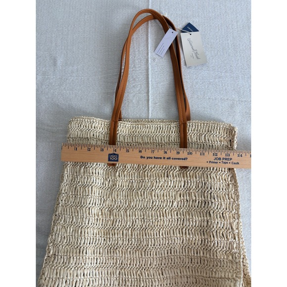 Universal Thread Packable Straw Tote Bag Beige Brown Checkerboard Ethically Made - Picture 8 of 9